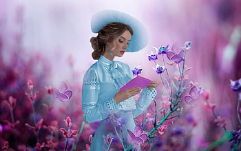 Enchanted Garden, colorful, blue, white, vibrant, girl, dress, butterflies, purple, pink, book, vivid, bright, green, bold, flowers, hat HD wallpaper