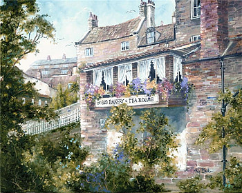 The Old Bakery & Tea Rooms, curtains, windows, tea rooms, roof, painting, fence, bakery, building, trees, bricks HD wallpaper
