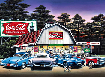 A Night on the Town F1, architecture, drive in, art, cars, beautiful, artwork, scenery, wide screen, autos, painting, coke sign HD wallpaper