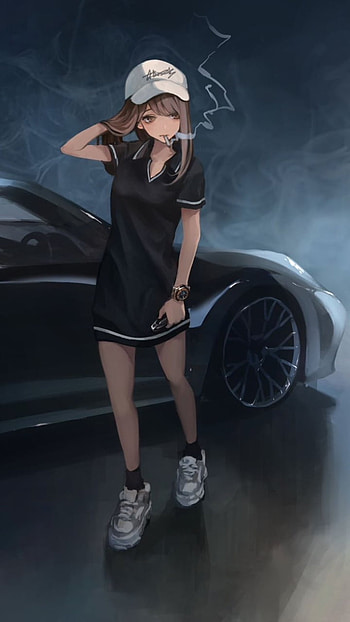 Anime girl smoking next to porche, car, brown hair, Anime, Original, anime car HD phone wallpaper