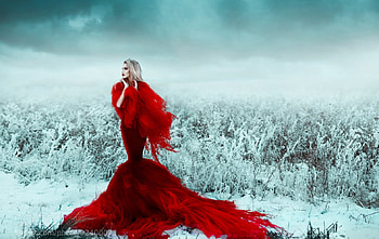 Beauty, winter, blue, model, blonde, girl, dress, woman, iarna, red HD wallpaper