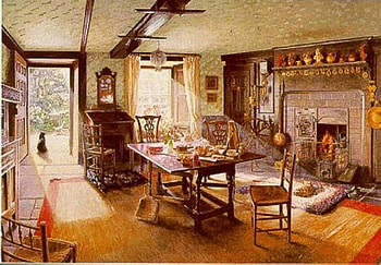 tea time by the fireplace, architecture, tea time, painting, fireplace, interior HD wallpaper