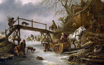 Work and Play, river, horse, frozen, dogs bridge, skating, wagons, men, work, chlidren HD wallpaper