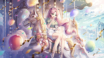 Long Pink Hair Green Eyes Anime Girl With Toy Sitting On Horse Anime Girl HD wallpaper