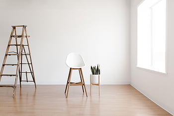 Minimalist interior featuring a white chair, wooden ladder, and snake plant by a window. HD wallpaper