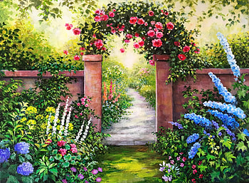 A happy welcome, art, gate, paradise, garden, beautiful, welcome, painting, arch, alley, happy, flowers HD wallpaper