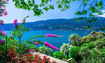 Isola Madre at Lago Maggiore, Italy, blossoms, island, hills, plants, trees, landscape, spring HD wallpaper