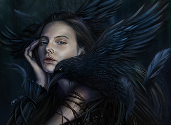 Girl with crow on his shoulder, black, art, bird, girl, raven, feather, fantasy, crow, pasari, vincent chu48ea HD wallpaper