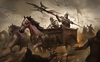 Epic battle, fantasy, art, cal, cai, horse, chariot, man, epic, yongjia, brown, battle HD wallpaper