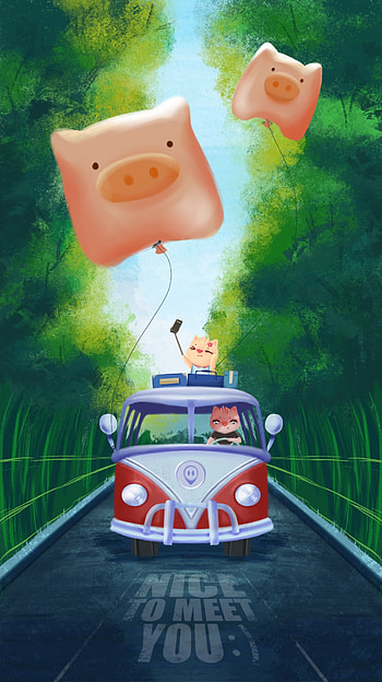 Art, Pigs, Road, Journey, Van HD phone wallpaper