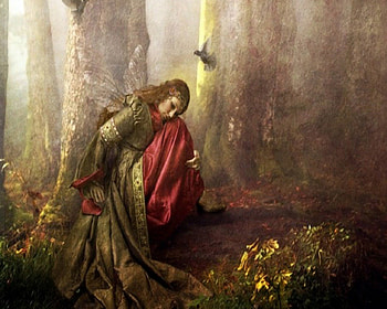 A Moment Alone, fairy, woods, bird, fantasy, red dress, woman HD wallpaper