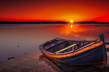 Lake scenery, Boat, Evening, Shore, Calm, Horizon, Sky HD wallpaper
