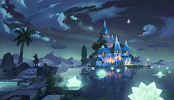 Building, Sky, Castle, Anime, Original, Cloud, Fantasy, Night, Reflection HD wallpaper