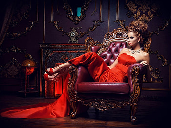 ♢ Luxurious ♢, Redhead, Fireplace, Antique clock, Leather throne, Red evening gown, Female, Necklace HD wallpaper