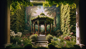 Enchanted Garden Gazebo, gazebo, garden, landscape, flower, nature HD wallpaper