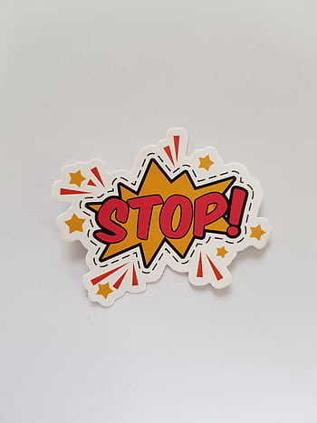 Bright and colorful sticker design featuring a comic-style 'Stop!' sign on a gray background. HD phone wallpaper