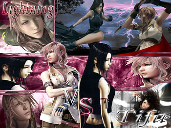 Lightning vs Tifa, lightning, tifa, fighting, video game, final fantasy, ffvii, lockheart HD wallpaper