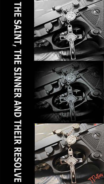 Saint Sinner Resolve, monochrome graphy, Gun, Pistol, Rosary, Christ, Crucifixtion HD phone wallpaper