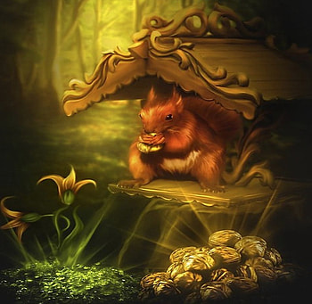 Treasures of the forest, animal, color, peaceful, beautiful, gold, treasure, brown, wood, splendor, lovely, forest, squirrel HD wallpaper