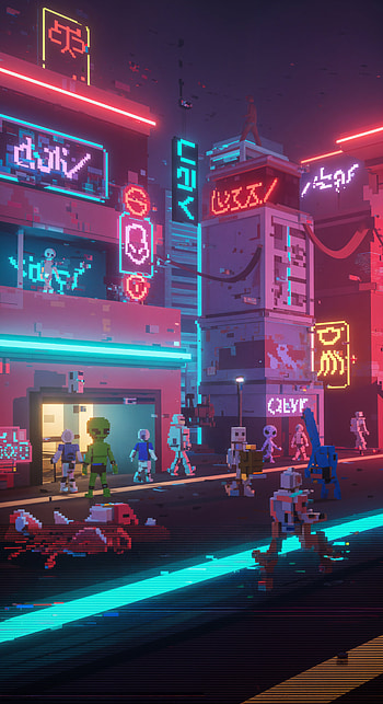 Neon Dreams: Metaverse Adventure, pixel art, cyberpunk, neon lights, cityscape HD phone wallpaper