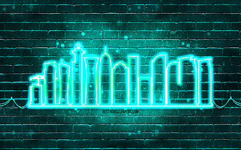 Doha turquoise neon silhouette, , turquoise neon lights, Doha skyline silhouette, turquoise brickwall, qatari cities, neon skyline silhouettes, Qatar, Doha silhouette, Doha HD wallpaper