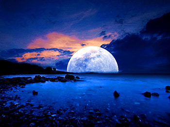 Blue evening, blue, moon, sky, nature, lake, evening HD wallpaper
