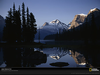 parks gallery jasper mountain reflection, snow, trees, nature, mountains, water, lake HD wallpaper