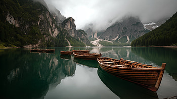 : Misty Mountain Lake Landscape with Wooden Boats, lake, mountain, landscape, boat, mist HD wallpaper