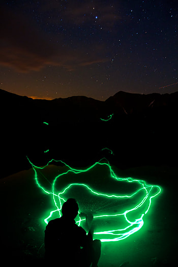 Night, Dark, Silhouette, Starry Sky, Laser, Light Art HD phone wallpaper