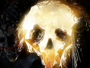 Two Zombies inside skull hole, hole, zombie, skull, cave, cgi, dark HD wallpaper