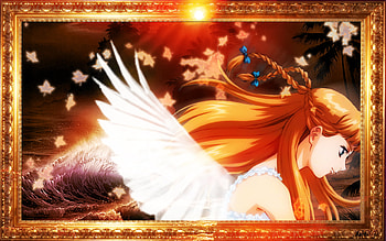 € Tableau €, orange hair, leave, coconut tree, frame, nice, feather, wing, female, ocean, sweet, frame, girl, tree, anime girl, palm tree, anime, fantasy, pretty, leaf, sunlight, palm, angel, long hair, beauty, abstract, frame, water, sun, wave, sea, wings, beautiful, orange HD wallpaper