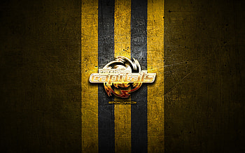 Vienna Capitals, golden logo, ICE Hockey League, yellow metal background, austrian hockey team, Vienna Capitals logo, hockey HD wallpaper