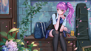 Cute Anime School Girl Pink Hairs Sitting On Bench , anime-girl, anime, artist, artwork, digital-art, artstation HD wallpaper