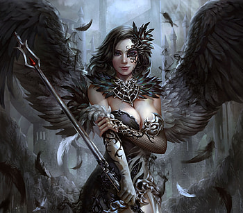 Valkirie, black, girl, hoanglap solan, angel, feather, fantasy, wing, luminos HD wallpaper