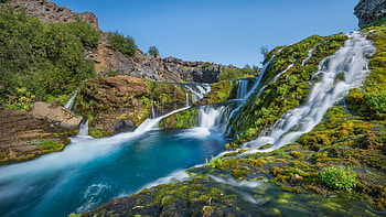 Icelandic Waterfall in Spring, river, landscape, sky, rocks, trees HD wallpaper