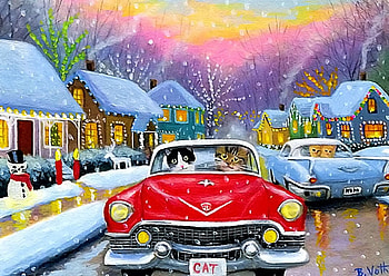 Christmas in Purrville, winter, car, cats, houses, artwork, painting, snow, street, village HD wallpaper