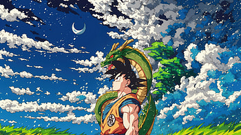 Son Goku And Shenron, goku, shenron, anime, artwork, art, digital-art, artist, animals HD wallpaper