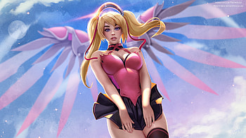 Hot, pink wings, Mercy, Overwatch, art HD wallpaper