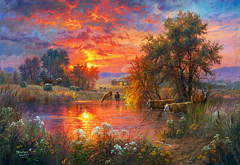 Farm Life, house, clouds, trees, sky, pond, sunset, straw, artwork, painting, cows, flowers HD wallpaper