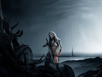 Regret, blue, sword, fantasy, armour, sky, ravens, warrior, female HD wallpaper