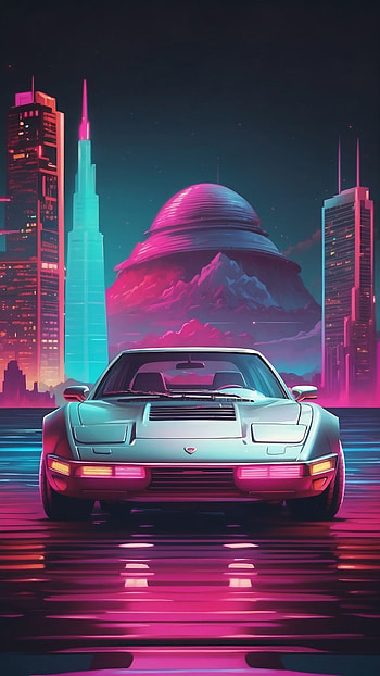 Retro Futuristic Cityscape Car, car, neon, cityscape, retro, futuristic HD phone wallpaper