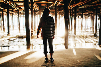 Water, Sand, Pier, Silhouette, Miscellanea, Miscellaneous, Girl HD wallpaper