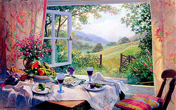 TIME for SUMMER LUNCH, painting, window, art, lunch, landscape HD wallpaper