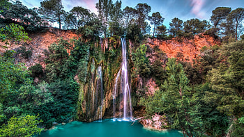 Beautiful Waterfall, trees, river, cascade, pond, sky HD wallpaper