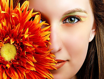 FLOWER BY HER FACE.., face beauty, flower, colors, orange, woman HD wallpaper