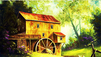 Old Watermill, trees, nature, painting, wheel HD wallpaper
