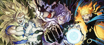 Epic Anime Showdown: Goku, Luffy & Naruto Ultra, Anime, crossover, Goku, Monkey D. Luffy, Naruto Uzumaki HD wallpaper