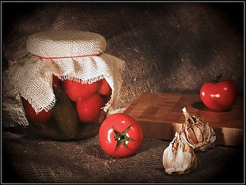 Good For You, garlic, pickle, jar, tomatoes, cloth HD wallpaper