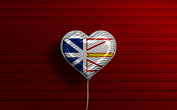 I Love Newfoundland and Labrador, , realistic balloons, red wooden background, Day of Newfoundland and Labrador, canadian provinces, flag of Newfoundland and Labrador, Canada, balloon with flag, Provinces of Canada, Newfoundland and Labrador flag HD wallpaper