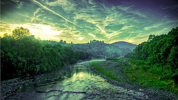 gorgeous forest river in green hue, river, green, clouds, forest, stones HD wallpaper